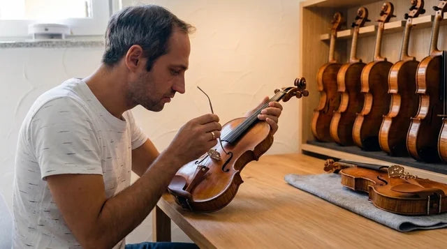 Paul hält eine Geige und arbeitet mit einem Stimmsetzwerkzeug am Instrument